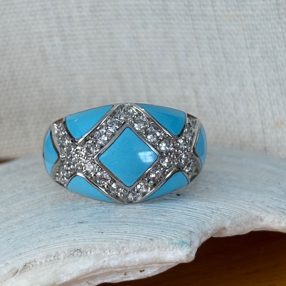 Eric Grossbardt Turquoise Inlay Diamonique CZ Channel Set Ring Sterling Size 10 - Picture 1 of 13